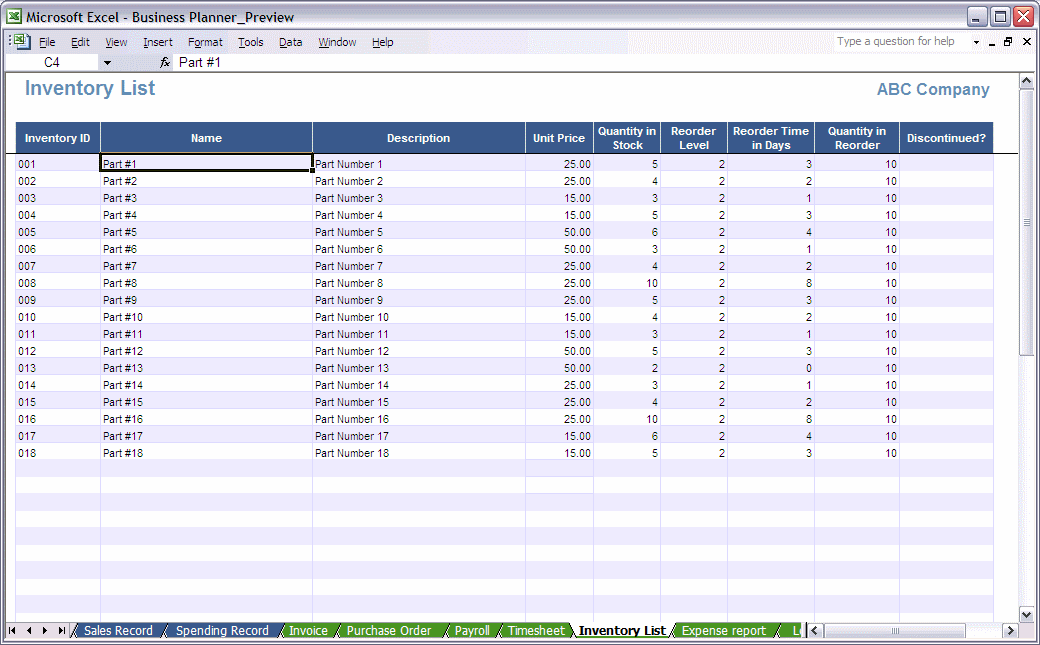 Excel Business Planner Inventory Sheet